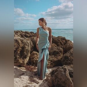 Xscape One Shoulder Ruffle Scuba Maxi Dress B596